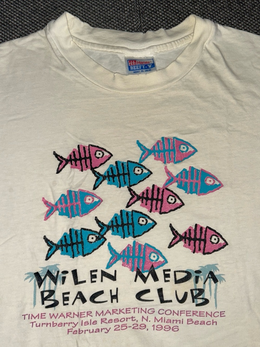 Rare 90s Miami Beach Retro Fish Print White Single Stitch Tee